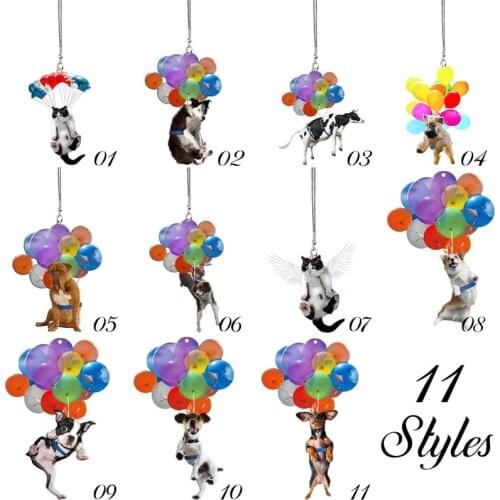 Cute Cat Dog Car Hanging Ornaments Kawaii Rising Puppy Kitten with Colorful Balloon Hang Decoration for Car Auto Home Wall Decor
