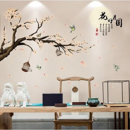 Chinese Style Wall Sticker Peach Blossom Tree TV Backdrop Decor Ancient style Mural Living Room Bedroom Decals Home Office Decor