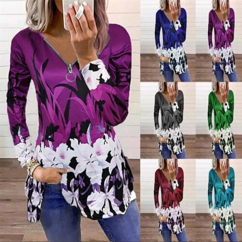 2021 New Ladies Zipper Pullover Printing Long-sleeved Loose T-shirt Womens Top