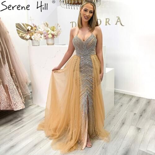 Dubai Gold Luxury Mermaid Prom Dresses Design 2021 Crystal Beading Backless Sexy Gowns Real Photo BLA70165