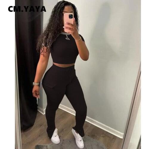 CM.YAYA Women Set Solid Short Sleeve Crop Tops Strechy Pants Pockets Two 2 Piece Sets Casual Tracksuit Summer Outfits 2021