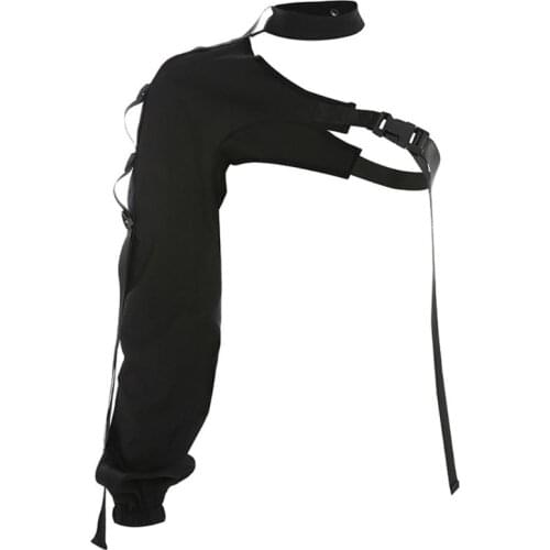 Women Sexy One Shoulder Reflective Crop Tops Choker Adjustable Buckle Long Sleeve Cover Up Irregular T-Shirt Rave Shrugs