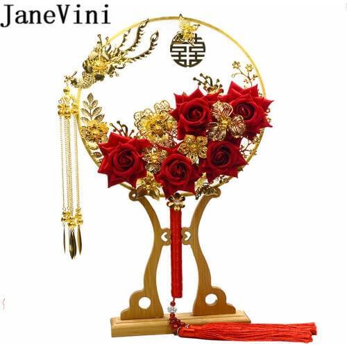 JaneVini Unique Fan Type Wdding Bouquets Luxury Chinese Red Flowers Gold Floral Bridal Handle Fans Tassel Bride Brooch Flores