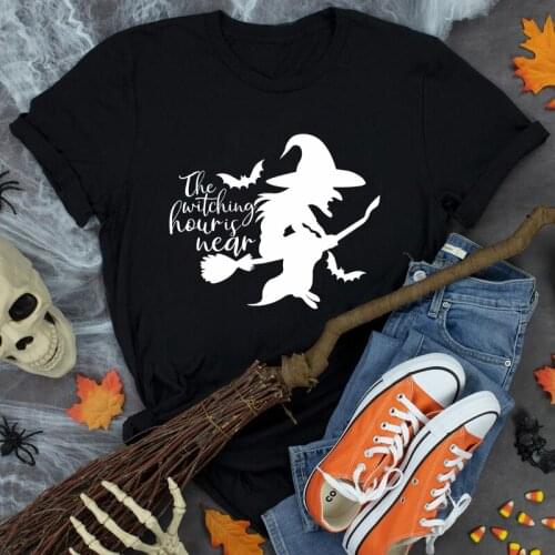 The Witching Hour Is Near T-shirt Funny Witch Graphic Tee Shirt Top Autumn Women Short Sleeve Halloween Party Tshirt Camiseta