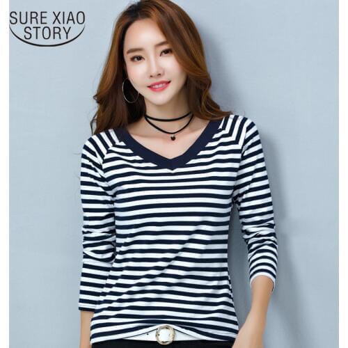 Plus Size V-neck Striped Tshirts Cotton T-shirts Women Long Sleeve T Shirt Female 2021 Summer Fashion Casual Tops Lady 6938 50