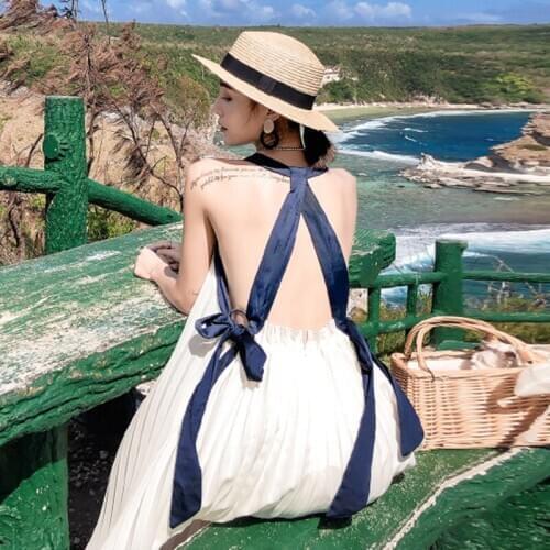 2020 Summer Dress Women White Sexy Elegant Halter Swing Vestidos Fashion Bohemian Pleated Bandage Beach Female Party Dresses