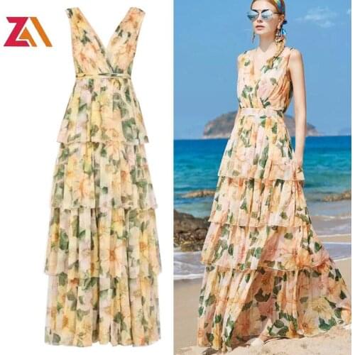 Summer Fashion Designer Runway Party evening sexy Long Dress Womens V-Neck Floral Print Elegant Boho Holiday Maxi Dresses robe