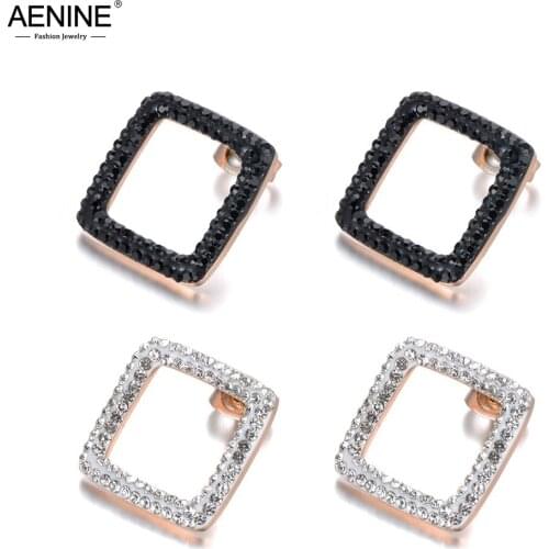 AENINE Stainless Steel OL Style Jewelry White/Black Clay Cystal Earrings For Women Rose Gold Square Shape Christmas Gift AE18457