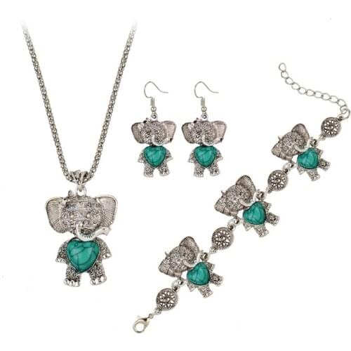 Retro Turquoise elephant Jewelry Sets Pendant Earring Bracelet Necklace Fashion Chain Handmade Amulet Gifts Her Woman