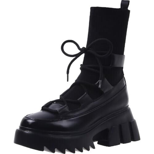 Cross Strap Elastic Mesh Socks Shoes 2021 Spring New Thick-Soled Sponge Cake Short Boots Lace-Up Ladies Motorcycle Boots