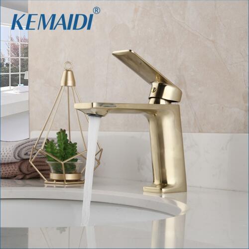 KEMAIDI Solid Brass Faucet Brush Golden Bathroom Basin Faucet Deck Mounted Vanity Mixer Tap Plumbing Fixture Stream Spout Tap