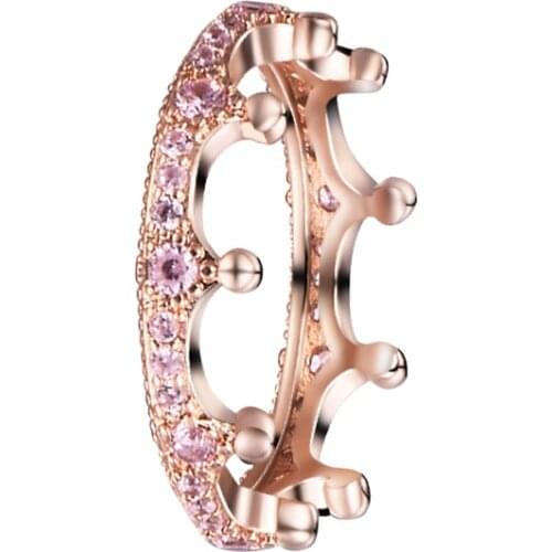 100% Real 925 Sterling Silver Pink Enchanted Crown Ring Rose Color Finger Rings for Women Wedding Jewelry bague femme