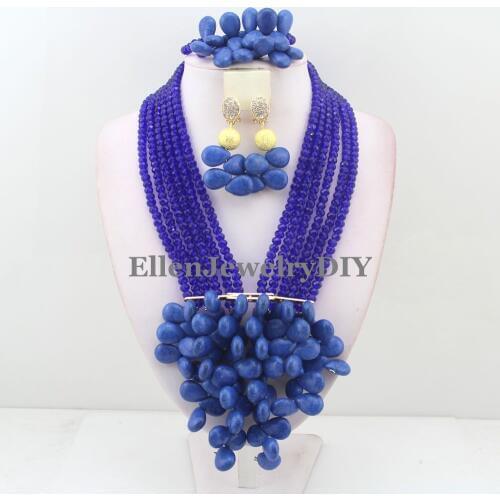 Blue African Beads Jewelry Set Nigerian wedding bridal dubai Crystal Beads women statement Necklace Set W10859