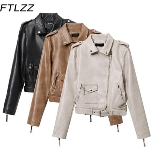 Motorcycle Jacket Leather Coat Wome Spring Autumn New Slim Brown Short Jackets Ladies Streetwear Serpentine Zipper PU Outwear