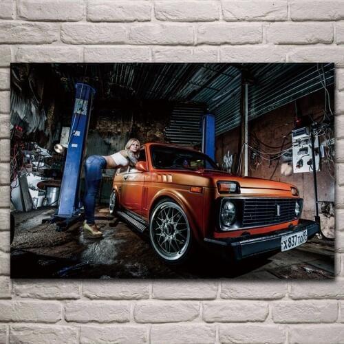 Russian niva car girl model women tattoo fabric poster living room home wall decorative canvas silk art print KJ583