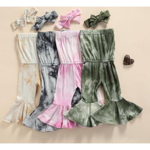 Fashion Summer Baby Girls Jumpsuits Headband 2pcs Tie-Dye Printed Off Shoulder Strap Elastic Flare Rompers Pants Baby Trousers