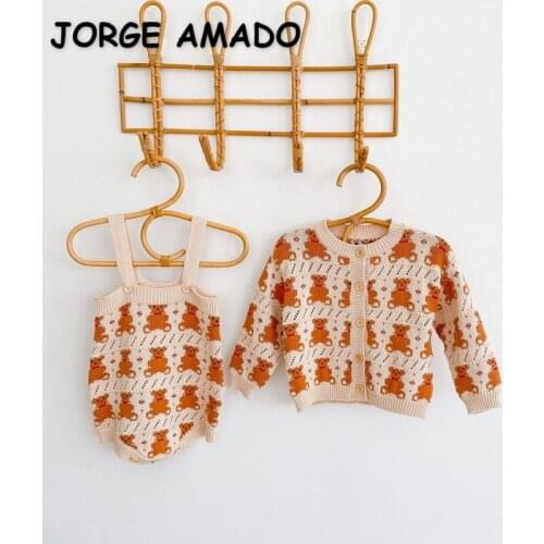 2021 New Autumn Baby Girls Clothing Cartoon Bear Sling Bodysuit + Long Sleeves Open Stitch Sweater Children Outfits E6037