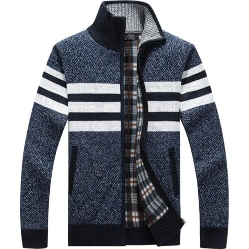 Autumn Winter Mens Sweaters Casual Striped Fleece Warm Cardigan Men Windbreaker Stand Collar Long Sleeve Sweater Hombre