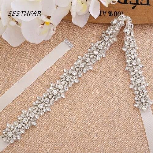 SESTHFAR Silver Bridal Belt with Rhinestones Wedding Dress Belt Crystal Headband Bride Bridesmaids Sash