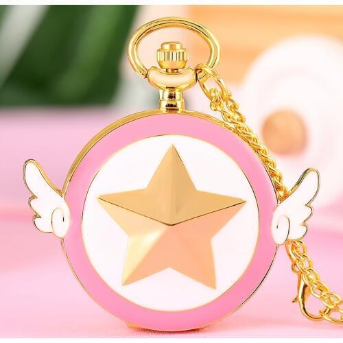 Luxury Golden Japanese Anime Sailor Moon Quartz Pocket Watch Five-pointed Star Wings Necklace Pendant Chain Gift for Women Girls