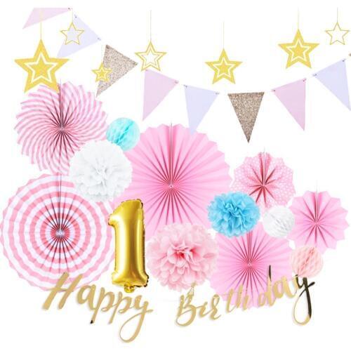 Girls First Birthday Party Decoration Set Happy Birthday Banner Number One Foil Balloon Glitter Gold Pink White Pennant Flag