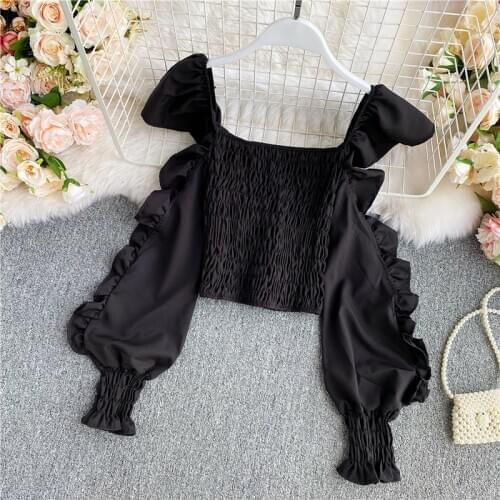 Women Ruffles Blouse Autumn New Long-sleeved Slim Fit Puff Sleeve Square Collar Shirts Japan Korean Female Tops Blusa GX1095