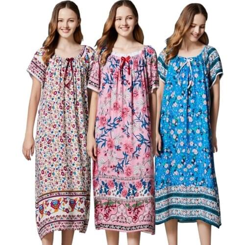 Ladies long Nightdress Sleep gown Cotton silk short sleeve Nightgown