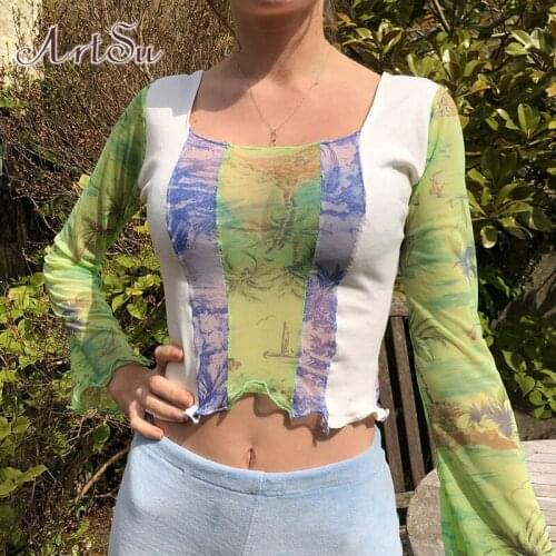 ArtSu T-shirt Women Tees Long Sleeve Shirt Y2K Clothes Gothic Autumn Green Mesh Crop Top Sexy Graphic T shirts Womens Clothing