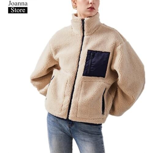 Spring Lambswool Splice Short Jacket Women Long Sleeve High Collar Zipper Furry Warm Teddy Coats Winter Plus Size Clothes Female
