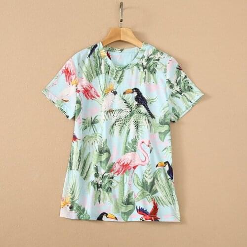 European and American womens wear for summer 2021 Short-sleeved parrots with beaded botanical print Fashion T-shirt