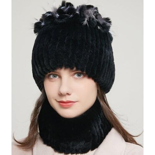 Winter Women Natural Rex Rabbit Fur Hat Big Flower real Fox Fur caps Russian Female scarf Headdress Fashion Warm Beanie caps
