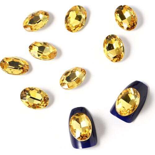10pcs Manicure Tools 3D Nail Accessories Wholesale Pointed Bottom Oval Yellow Diamond Glass Crystal drill DIY Decoration
