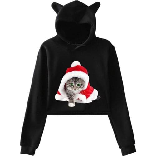 2020 Christmas Hoodies For Girls Fashion Print Trendy Cat Ears Cropped Hoodies Sweatshirts Autumn Hoodi Sweatshirt Clothes SW50