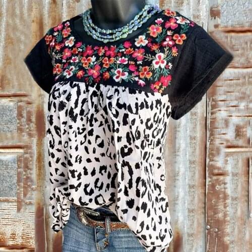40# Womens Floral Leopard Print Blouse Vintage Plus Size Casual Tee Top Short Sleeve O-neck Summer Pullover Tanic Shirt Рубашка