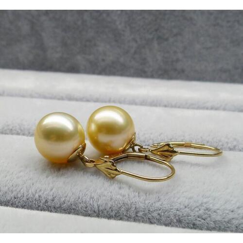 9.5mm Genuine Golden South Sea Pearl Leverback Drop Earrings 14K Yellow Gold