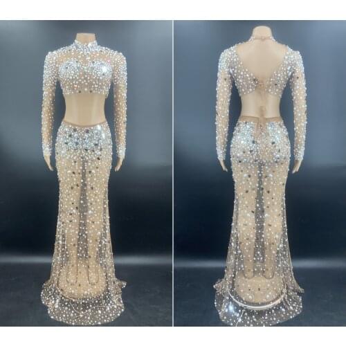 Sparkly Rhinestone Pearl Mirrors Transparent Top Long Skirt Two Pieces Set Womens Birthday Celebrate Evening Prom Party Dress