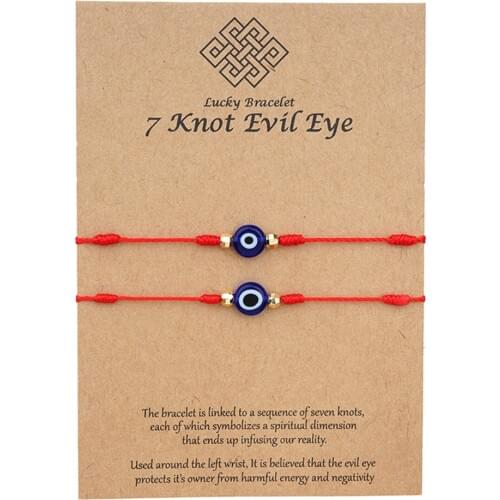2pcs Red Thread Evil Eye Bracelets with Card Turkish Eye Red Cord 7 Knots String Couple Bracelet Paired Things Wish Jewelry Gift
