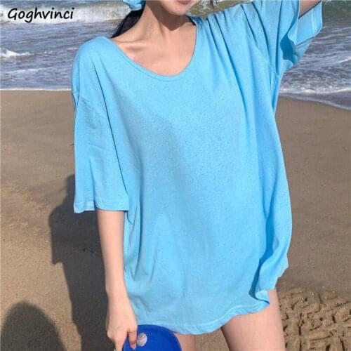 T-Shirts Women 5 Colors Loose Summer Sexy Ladies Tops Simple Solid All-match Fashion Harajuku Streetwear Students Ins Vintage