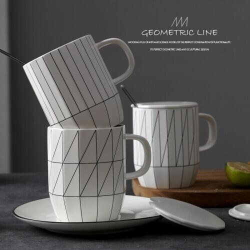 Geometry Ceramic Coffee Mug with Spoon White Simple Personalised Esspresso Cup Nordic Modern Creative Couple Mug Gift DA60MK