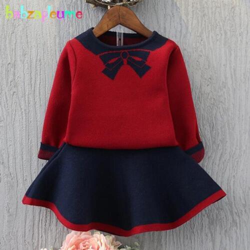 2Piece/2-6Years/Spring Autumn Baby Girls Outfits Boutique Kids Clothing Set Cute Bow Knit Sweaters+Skirt Children Clothes BC1326
