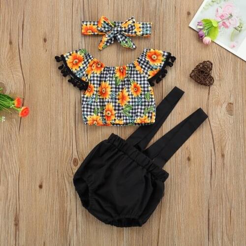 0-24M Summer Clothing Fashion Newborn Baby Girl Sunflower Print Short Sleeve Tops Suspenders Shorts Bow Headband 3pcs Sets