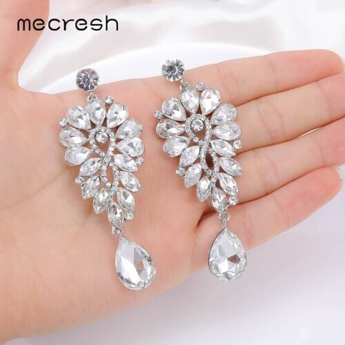 Mecresh Bridal Drop Water Earrings Women Flower Long Pendant Crystal Silver Color Earrings Sparkling Wedding Jewelry MEH1736