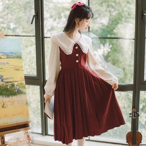 SWEETXUE Women Pleated Dress Cute Doll Collar Long Sleeve Patchwork High Waist New 2021 Fashion Chic Dress