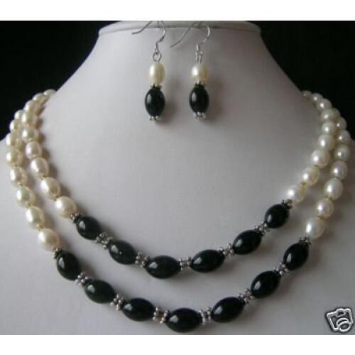 Real White Pearl Black Onyx Necklace Earrings