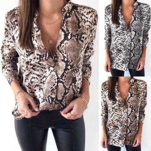 New Fashion Elegant Sexy Women Snake Skin Print Tee Shirt Top Ladies Loose Button V Neck Blouse shirt