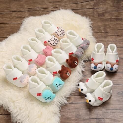 Baby Boys Girls First Walke Shoes Newborn Cartoon Print Anti-Slip Cotton Plush Shoes Winter Warm Crib Shoes Toddler Soft Soled