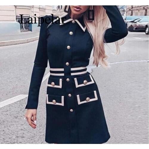 Dress ladies partial color contrast stitching slim long-sleeved British style professional dress