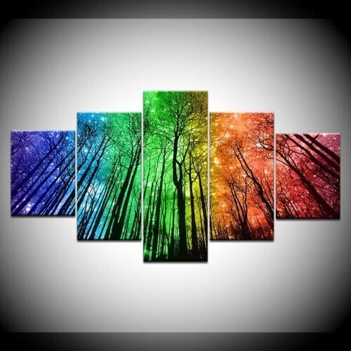 Rainbow tree forest Modern Canvas Wall posters Art 5 Panel HD Print For home living room decoration