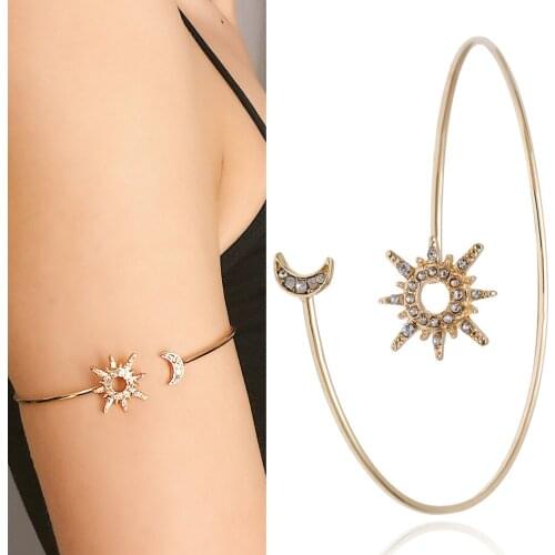Moon Sun Arm Open Bangles For Women Lady Sexy Rhinestone Moon Bracelet Punk Metal Hand Arm Bracelet Adjustable Jewelry