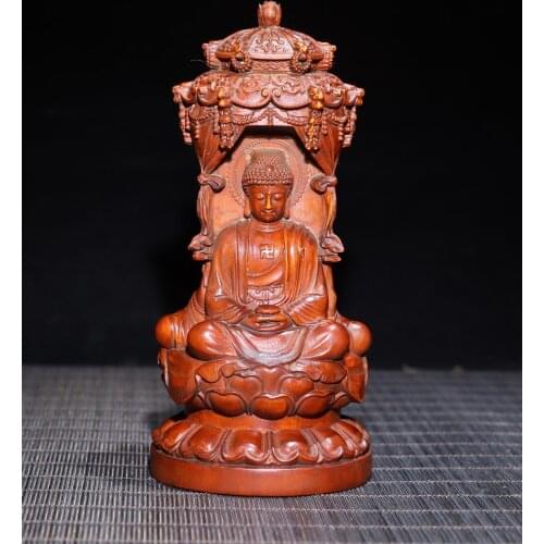 6" China Lucky Old Boxwood Hand-carved Western tripod Sitting Buddha Three-faced Buddha Ornaments Town House Exorcism
